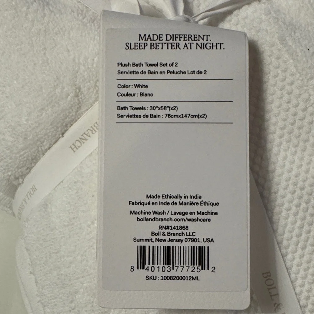 Boll & Branch Classic White Bath Towels Set of 2 - Picture 3 of 6